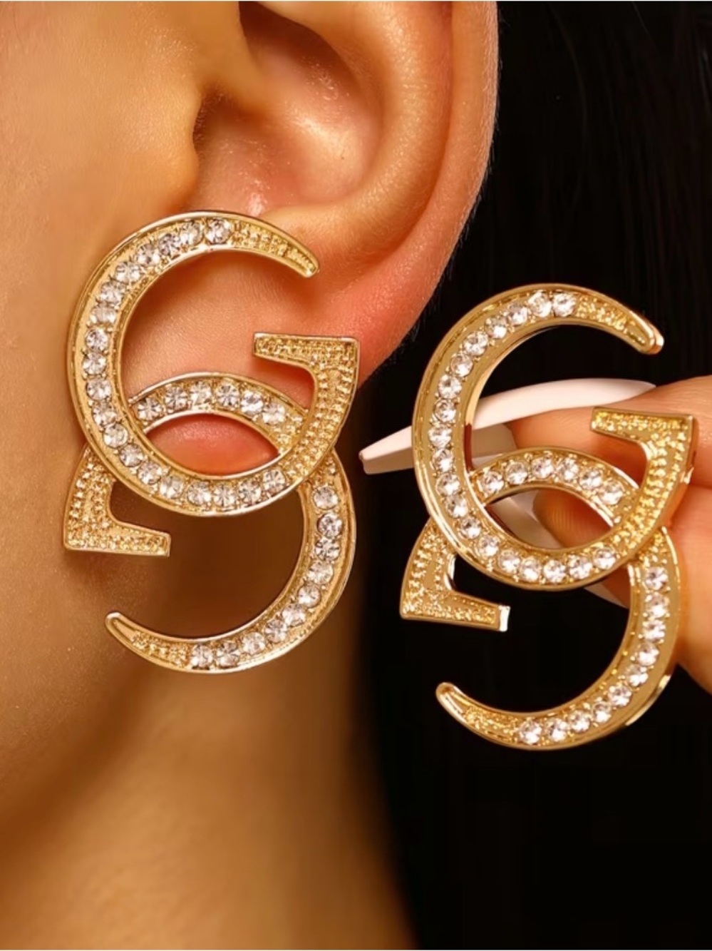 Crystal-Embellished Gold Double G Hoop Earrings